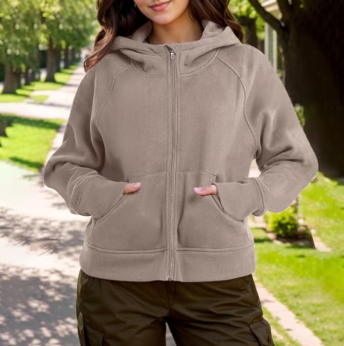 Timuspo Kapuzenpullover Damen Herbst Winter Fleecejacke Sweatjacke Hoodie Kapuzen Strickjacke Einfarbig Basic Sweatshirt Hellbraun XL