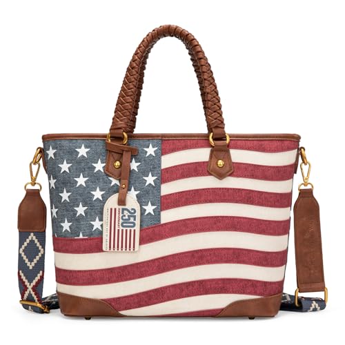 Montana West American Flag Tote Bag for Women Vintage Patriotic Western Shoulder Purse with Braided Top Handles and Crossbody Strap for Work Travel Everyday Use MW-HB-1385G-8317JN