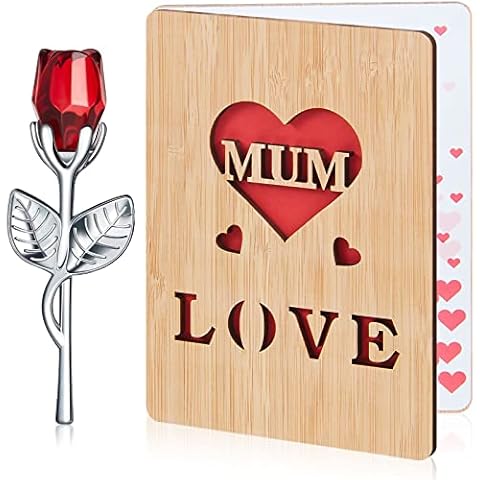 Wooden Mother's Day Card Gift Card and Red Rose Glass Figures Artificial Crystal Flowers Gifts Mothers Day Gifts, Glass Flower Ornaments Love Mum Greeting Cards for Mum Grandmother Cover