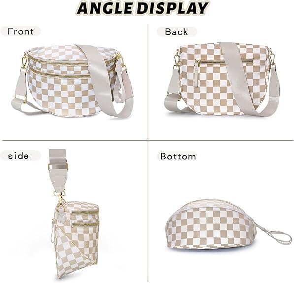 Checkered Crossbody Bag for Women - Nylon Bum Bag, Women's Crossbody Purse, Handbags, Sling Fanny Pack (Beige Checkered) - Image 6