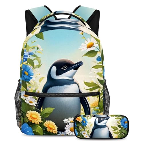 Sac à dos pingouin avec trousse assortie pour l'école et le collège
