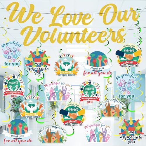 Eaasty 42 Pcs We Love Our Volunteers Decoration Kit Volunteer Appreciation Banner Set with We Appreciate Thank You Ornaments and Hanging Swirl Accessories for Volunteers Month Party Decor Supplies