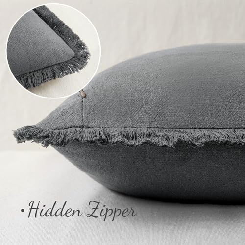 Image of MIULEE Decorative Throw Pillow Covers Neutral Linen Fringe Throw Pillows Euro Shams Set of 2 Dark Grey Boho Farmhouse Cushion Covers for Couch Sofa Bed Living Room Spring Home Decor 24x24 Inch
