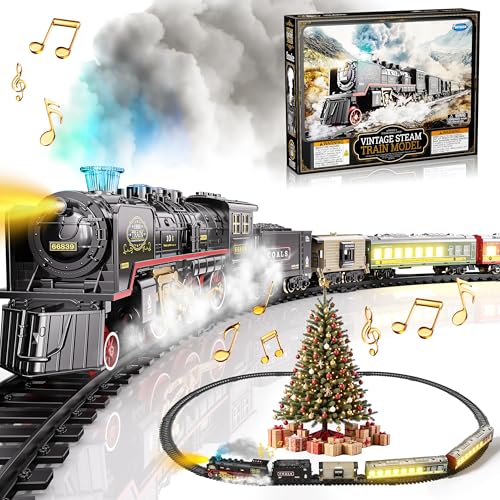 Funwee Electric Steam Train Set with Glowing Passenger Carriages,Locomotive Train Model for Under Christmas Tree with Lights,Smoke and Sounds,Gift for Kids 4-8 Years Old Boys Girls