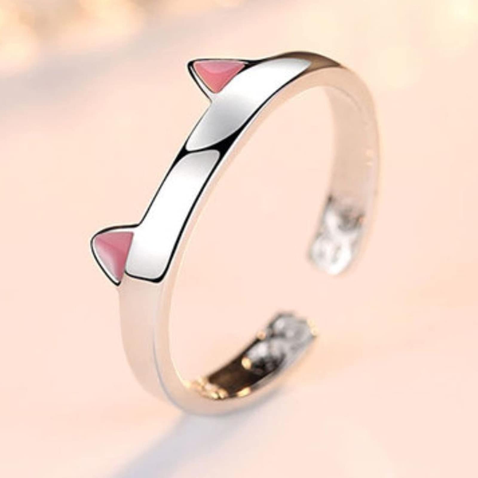 Hcma Pink Color 925 Silver Black Pink Cat Ear Ring Animal Open Paw Finger Rings For Party Jewelry