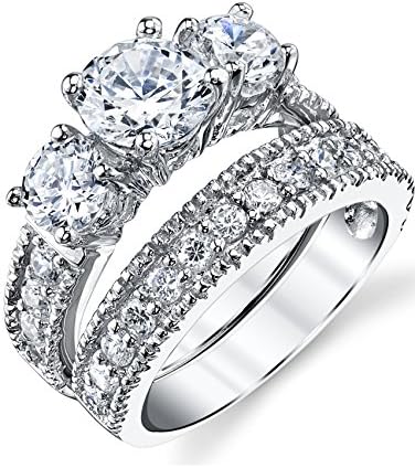 Metal Masters Co. 1.25 Carats Sterling Silver Past Present Future 2-Pc Bridal Set Cubic Zirconia Engagement Wedding Ring Band