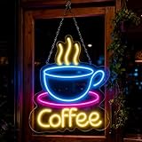 Letrero de neón LED Coffee: este letrero de neón mide 43 x 33 x 2 cm y está hecho de acrílico de alta calidad. Sus tiras de neón LED flexibles son más brillantes que las señales de neón de cristal convencionales. El letrero de neón LED Coffee también dispone de dos orificios para colgar fácilmente con la cadena incluida