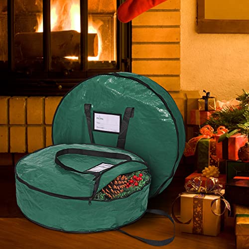 ProPik Christmas Wreath Storage Bag 24\" - Garland Holiday Container with Tear Resistant Material - Featuring Heavy Duty Handles and Transparent Card Slot - 2 Pack (24 Inch, Green)