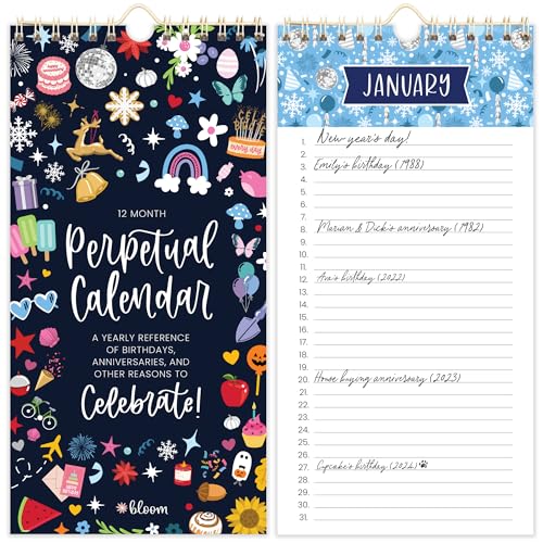 bloom daily planners Perpetual Hanging Flip Calendar - 5 x 10 - Monthly Wall Organizer Notepad for Important Dates Birthdays Anniversaries - Holiday Icons