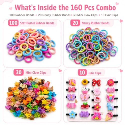 Image of 160 Pcs Hair Accessories for Kids Girls | Cute Baby Hair Clips, Rubber Bands, Nancy Bands & Mini Claw Clips Combo | Hair Accessories for Baby Girl | Kids Hair Clips Set | Mixed Designs