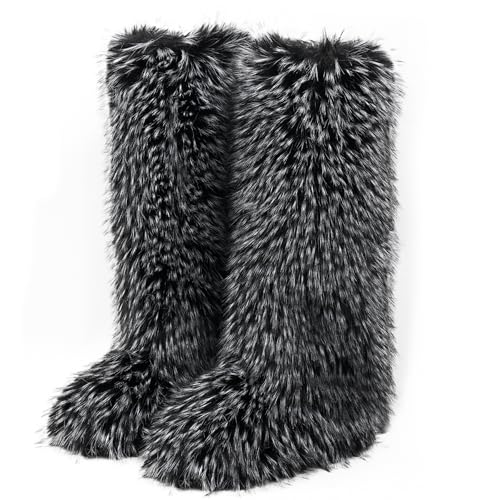 YXCFEWD Faux Fur Snow Boots for Men,Knee High Furry Boots Fuzzy Fluffy, Men's Flat Winter Warm Long Boots(Frost,11)