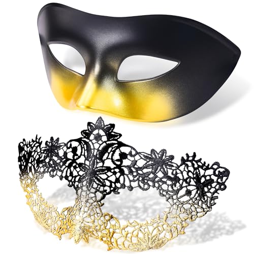 SIQUK Couple Masquerade Masks Set Venetian Party Mask Plastic Halloween Costume Mask Mardi Gras Mask for Women and Men
