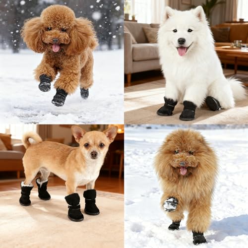 4 Stück Kleine Schuhe für Hunde Winter Innenfutter aus Plüsch Hundeschuhe Pfotenschutz Winter Hundeschuhe Rutschfest und Warm Geeignet für Kleine Hunde und Katzen Outdoor-Aktivitäten (Größe 4)