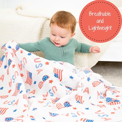 Image of LollyBanks Swaddle Blanket 4th of July, 100% Cotton Muslin Swaddle Blankets, Neutral Swaddle Blanket 47 x 47 Inches, Baby Blanket for Boys and Girls, Baby Essentials, Registry (USA Print)