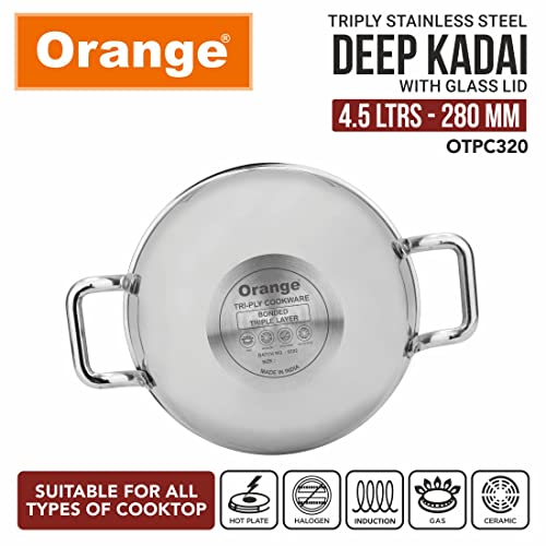 Image of Orange Triply Stainless Steel Deep Kadai with Glass Lid 4.5 litres Capacity (28 cm Diameter) | 28 cm Heavy Bottom with Cool Touch Handle | Silver (Induction and Gas Stove Friendly) | 5 Year Warranty