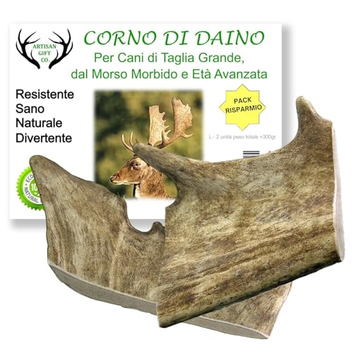 ARTISAN GIFT CO Corni di Daino da Masticare per Cuccioli e Cani, Palco 100% Naturale - peso minimo Confezione 300gr. (2 unità (Confezione da 1), L)