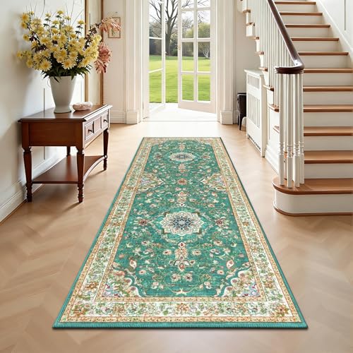 Enyhom Alfombra Pasillo Larga 80 x 200 cm, Suave Alfombra de Cocina Lavable Antideslizante Alfombra de Pasillo Verde Vintage Floral Tapete Cocina para Sala de Estar, Lavandería, Dormitorio, Comedor