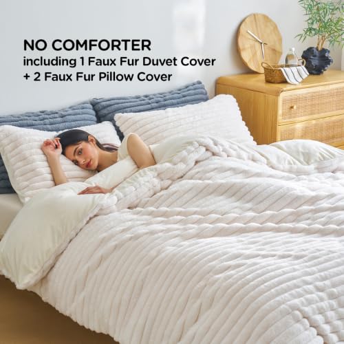 Image of Besfunny White Plush Comforter Cover Full Size ,Fluffy Striped Bedding 2pcs Set(1 Fuzzy Duvet Cover + 1 Fur Pillow Cases ) Faux Fur Luxury Bed Set (White, Twin)