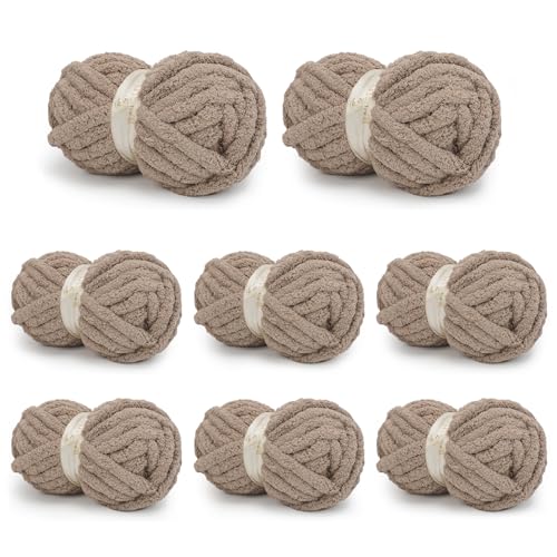 Chunky Yarn for Hand Knitting, Chunky Chenille Blanket Yarn for Crocheting, Bulky Soft Fluffy Chenille for Blanket Project, 8 Pack of 8oz/25yds, Vintage Khaki