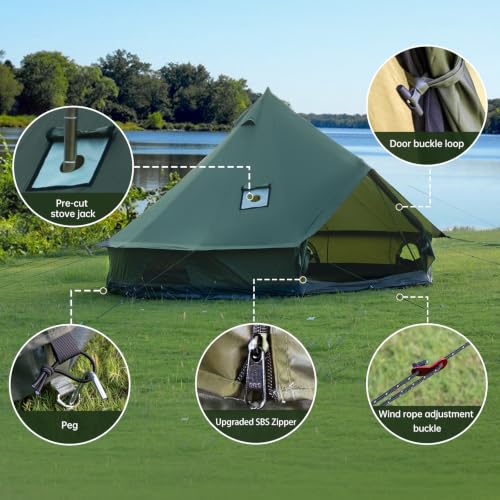 Tienda de campaña WaldWander 4m/5m Oxford modelo bell tent para 8 personas, impermeable, con Stove Jack miniatura 5
