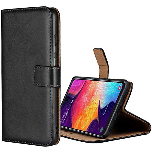 Aopan Samsung Galaxy A50 Hülle, Flip Echt Ledertasche Handyhülle Brieftasche Schutzhülle für Samsung Galaxy A50, Schwarz