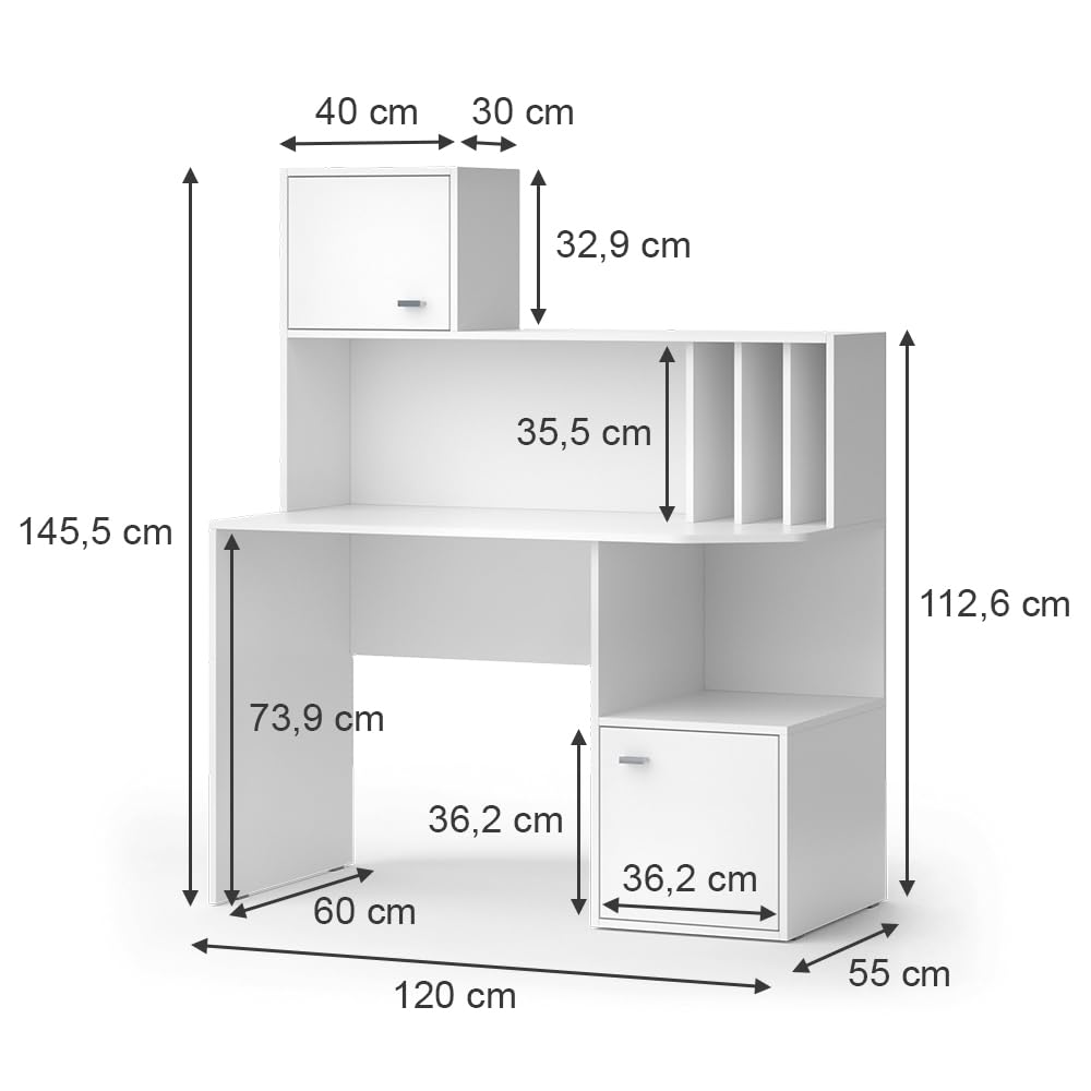Vicco Bureau Alwin, Blanc, 115x55cm | avec 2 portes, convient à une utilisation comme poste de travail avec surfaces de rangement