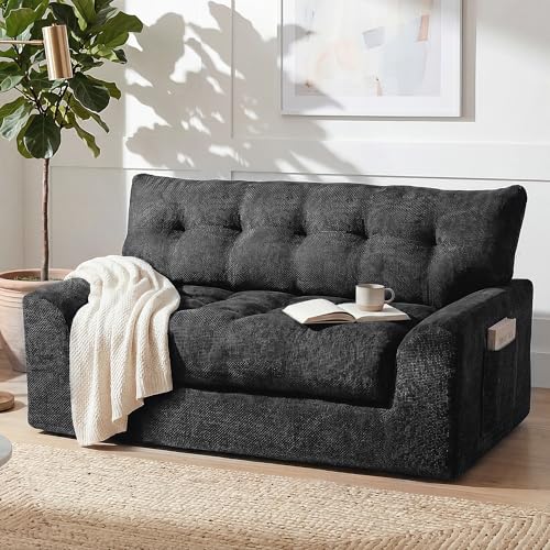 Image of MONVANE 55.5 inch Convertible Loveseat Sofa Bed, 2-in-1 Boneless Sleeper Sofa Couch with Storage Pocket, Comfy Chenille Deep Seat Couch for Living Room, No Assembly Required, Black