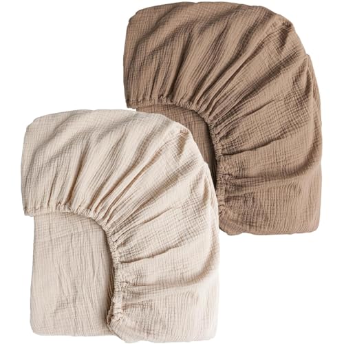 Image of Konssy Muslin Crib Sheets for Girl Boy, 2 PCS Soft and Breathable Cotton Baby Sheets for Standard Crib Mattress, 52 inchx 28 inch (Brown, Cream)