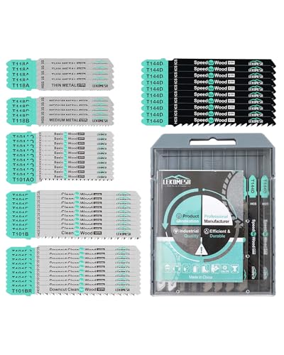 LEKOMESH 50 PCS Contractor Jigsaw Blades Set - Assorted T-Shank Jig Saw Blades for Wood, Plastic and Metal Cutting(T118A,T118B,T101AO,T101B,T101BR,T144D)