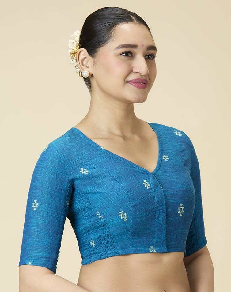 Image of Studio Shringaar Women's Handloom Cotton Stretchable (Smocked) Saree Blouse with Temple Zari Border
