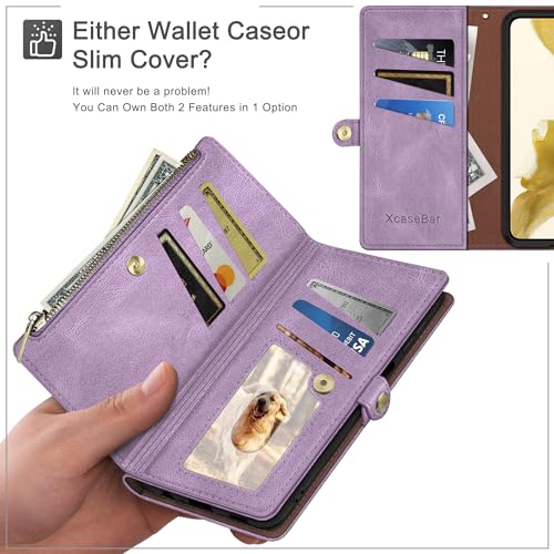 Image of XcaseBar compatible with Samsung Galaxy S25 Wallet case with Zipper Credit Card Holder【RFID Blocking】,Flip Folio Book PU Leather Phone case Shockproof Cover Women Men for Samsung S25 case Lilac Purple
