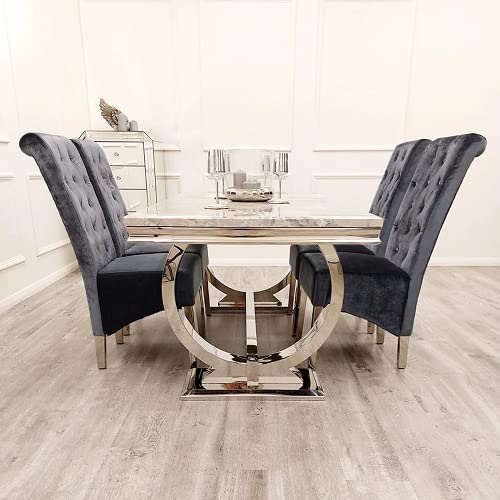 Moderno juego de mesa de comedor de 1,8 m con parte superior de mármol gris claro y 6 sillas Emma Shimmer