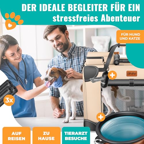LOVPET® Transportbox Hund Katze Transporttasche XXXL 102x70x70cm | Hunde-Tragetasche Faltbare Katzentasche | Haustier-Transportbox inkl. Hundenapf & Schultergurt | für Katzen & Hunde Beige