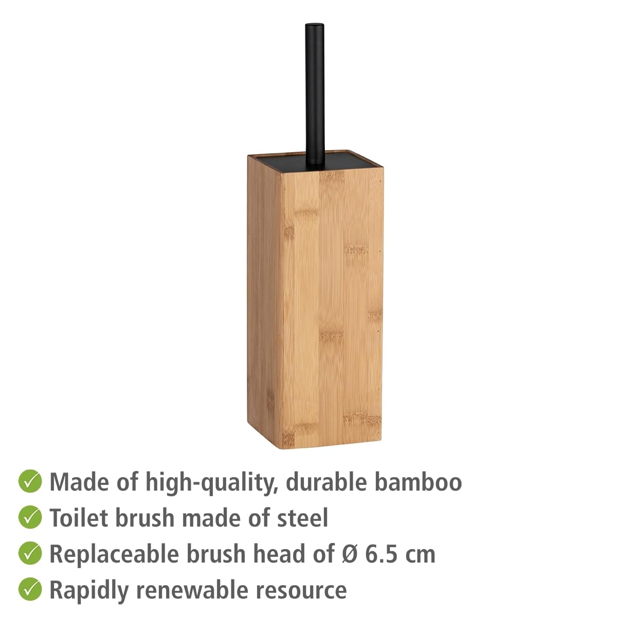 WENKO Zestaw WC Mod. Padua, uchwyt na szczotkę do WC z bambusa, w zestawie szczotka do toalety, zamknięta, 10 x 38 x 10 cm, naturalny/czarny