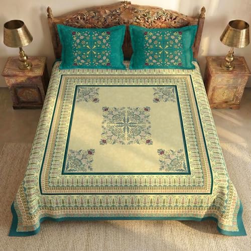 Image of Story@Home Rajasthani Theme Jaipuri Handblock Inspired Ethnic Print Double Bedsheet 250x225 cm with Pillow Covers | Cotton Feel 240 TC Soft Fabric | Yellow Green Design
