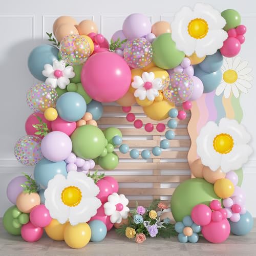168Pcs Daisy Balloon Arch Garland Kit Pink Green Blue Yellow Purple Confetti Daisy Wild Flower Balloons for Mothers Day Boho Two Groovy One Birthday Baby in Bloom Baby Shower Spring Party Decorations