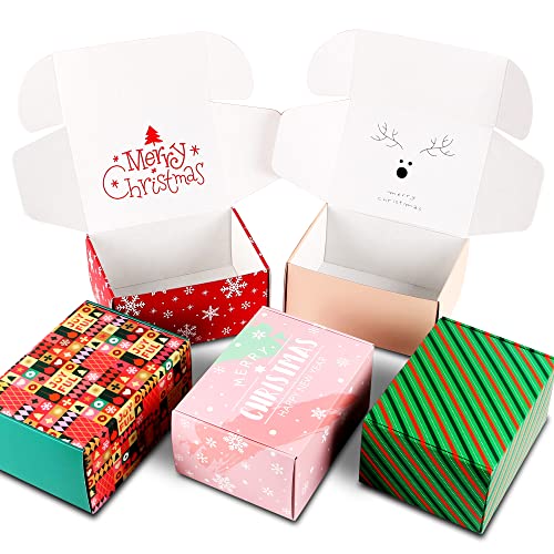 Image of 25 Pack 8x6x4 inch Christmas Gift Box with Lid, Corrugated Cardboard Shipping Boxes for Small Business,for Gift Packaging,Specially Designed Box. (8 inchx6 inchx4 inch, 25 Pcs Xmas Mix Pattern)