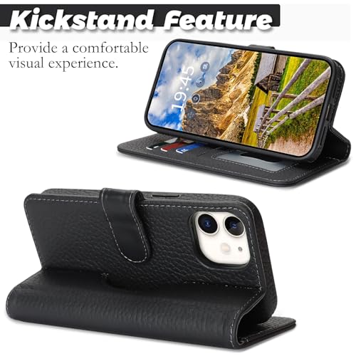 Image of Detachable Genuine Leather Case for iPhone 12 /12 Pro Wallet Case Magnetic 2in1 Removable Flip Cover Book Purse Compatible with Magsafe Charging Kickstand Card Holder-Black