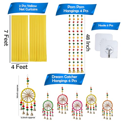Image of Party Propz Yellow Backdrop Cloth for Decoration with Pom Pom Hangings - 18Pcs Haldi Decoration Items for Home Decor, Haldi Backdrop Decorations Set, Pooja, Wedding Decor
