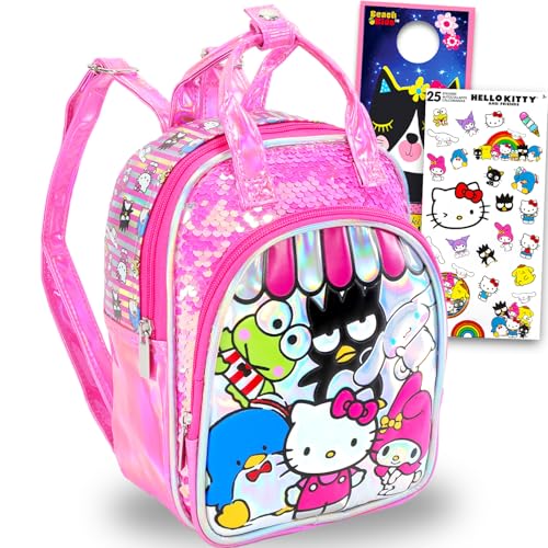 Hello Kitty Mini mochila infantil and Friends – Pacote com bolsa de lantejoulas de 30,48 cm com bolso frontal e adesivos, mais | Mochila Sanrio brilhante