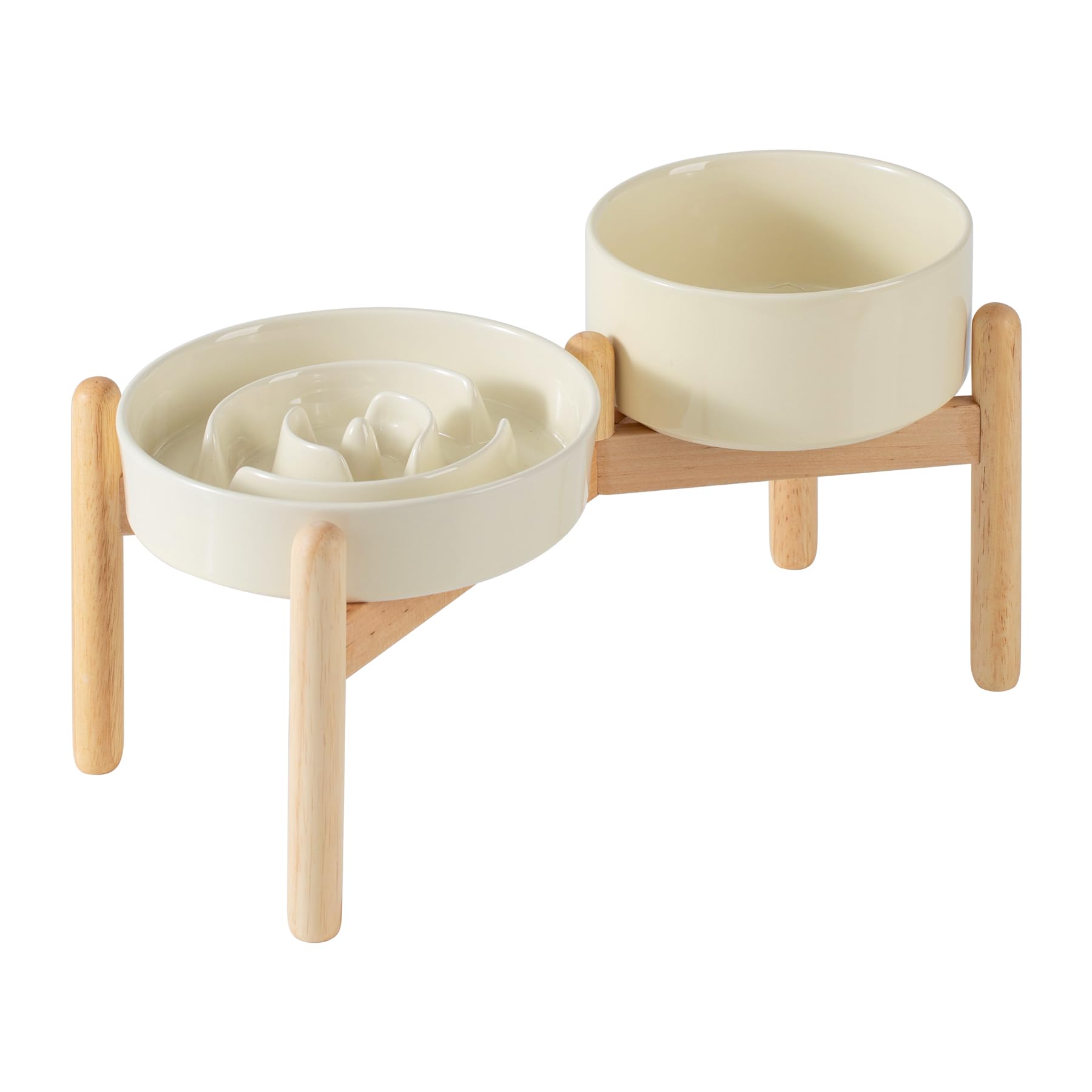 Havniva Ceramic 1.2 Cup Raised Slow Feeder Dog Bowl Set, Elevated 6.1inch Bowl and 7.3inch Puzzle Slow Food Dish with Wooden Stand for Medium and Small Dog, Anti-Gulping (2 x Beige+ Stand)