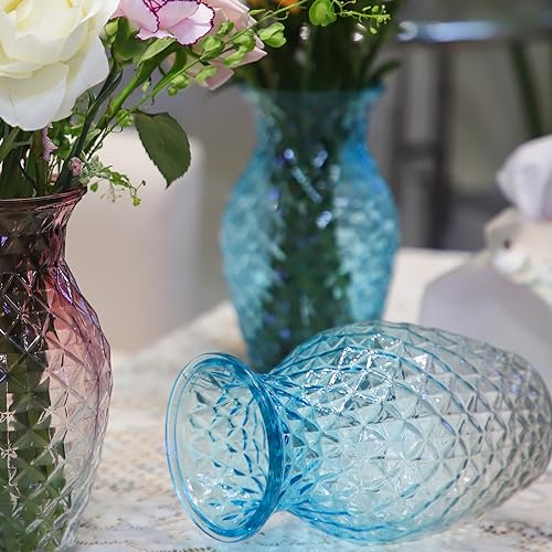 OFFIDIX Glass Waisted Flower Vase - Lattice Modern Style for Home Living Room Table Decoration (Blue Clear) - Image 4
