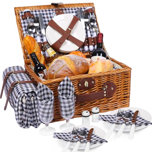 HYBDAMAI Ensemble de panier de pique-nique pour 4 personnes avec compartiment de refroidissement et nappe de pique-nique imperméable, sangle détachable, couverts, pour...