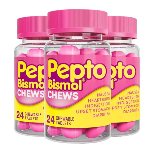 Pepto Bismol Chews Upset Stomach Relief Nausea Relief Heartburn Relief Indigestion Relief Anti Diarrhea Medication for Adults - 5 Symptom Fast Relief 72 Chewable Tablets (3x24 ct)
