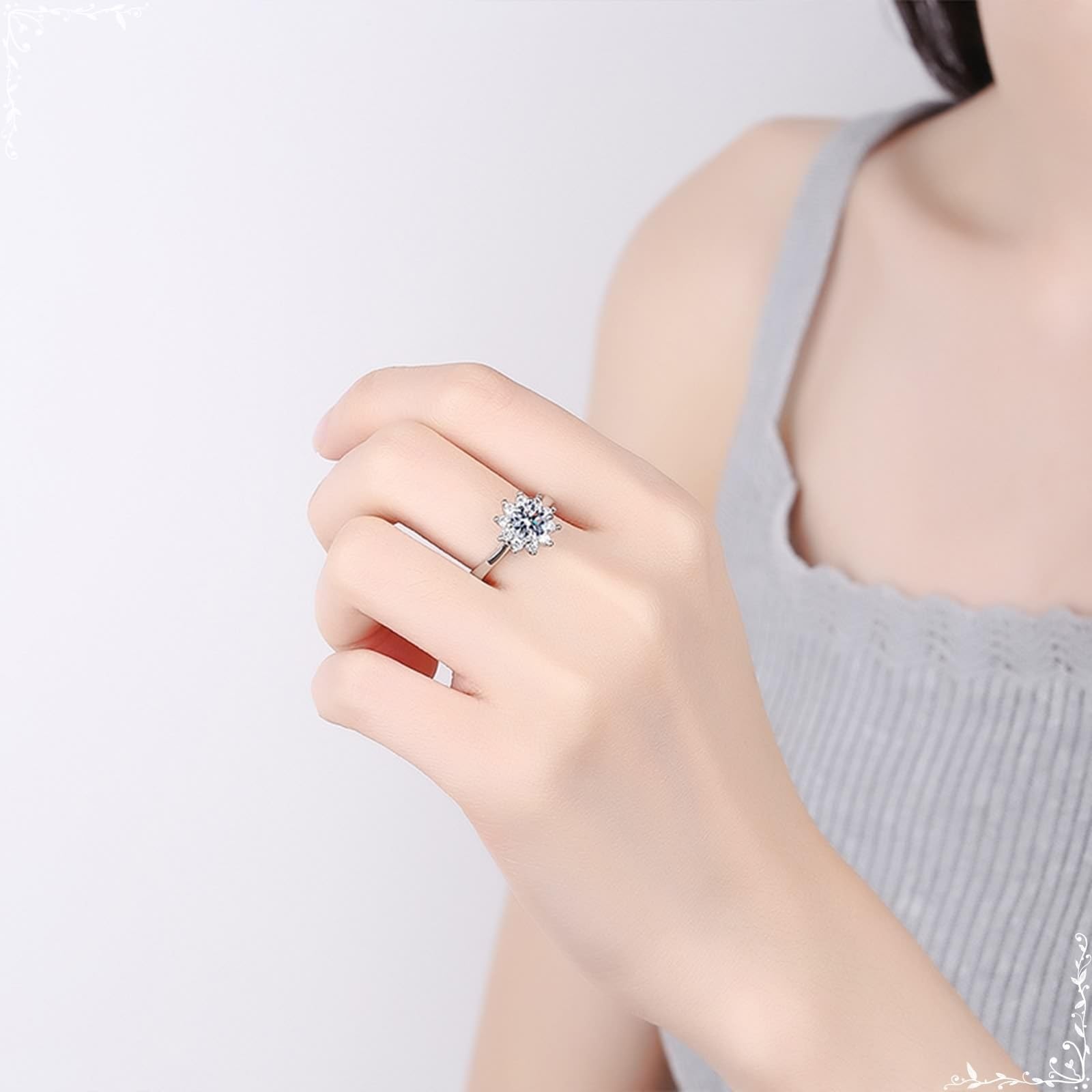 Moissanite pierścionek vintage białe złoto obrączka ślubna damska 18K kwiat z cyrkonią rozmiar H 1/2 moda dla lesbijek biżuteria koktajlowa