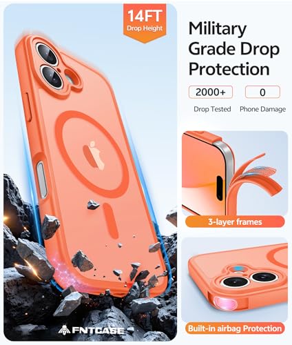 Image of FNTCASE for iPhone 17 Case: [Compatible with Magsafe] Translucent Matte Cases with [Full Camera Protection] [Screen Protector] Military Grade Shockproof Protective Phone Cover - Orange