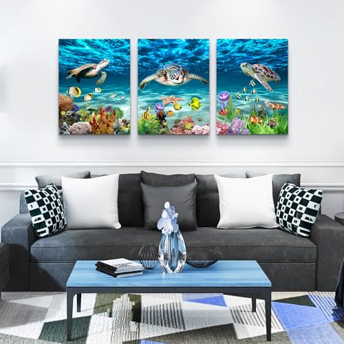 Lapremoly Large Canvas Wall Art for Living Room Wall Decor for Bedroom Bathroom Wall Decoration Ocean Sea Turtle Scenery Paintings Modern Pictures Artwork office Ready to Hang Home Decor 3 Pieces