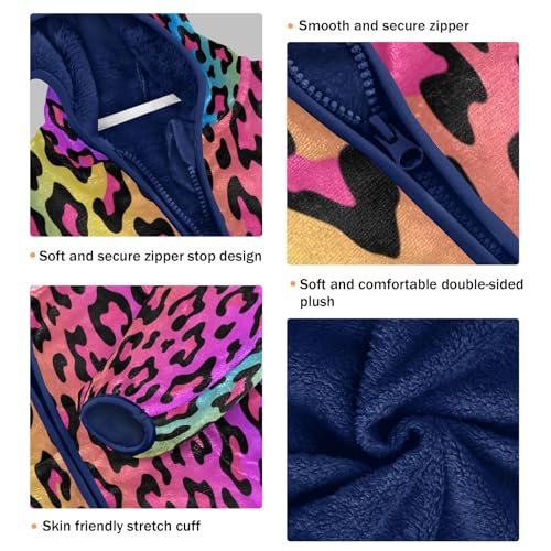 Neon Rainbow Leopard Print Toddler Fleece Jacket Girl Boys Hooded Fleece Jacket Coat Warm Outwear Zip-up 3-10T3