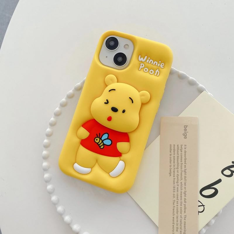 Image of COVERLY Back Cover iPhone 15 Pro Max Soft Silicone 3D Cute Cartoon with Holder Full Protective Case Compatible with iPhone 15 Pro Max (Pooh),Brown