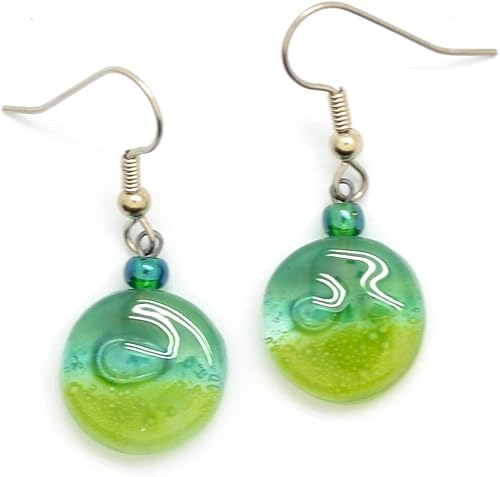 Tiny Round Lime Green and Jade Green Fused Glass Drop Earrings - Fair Trade